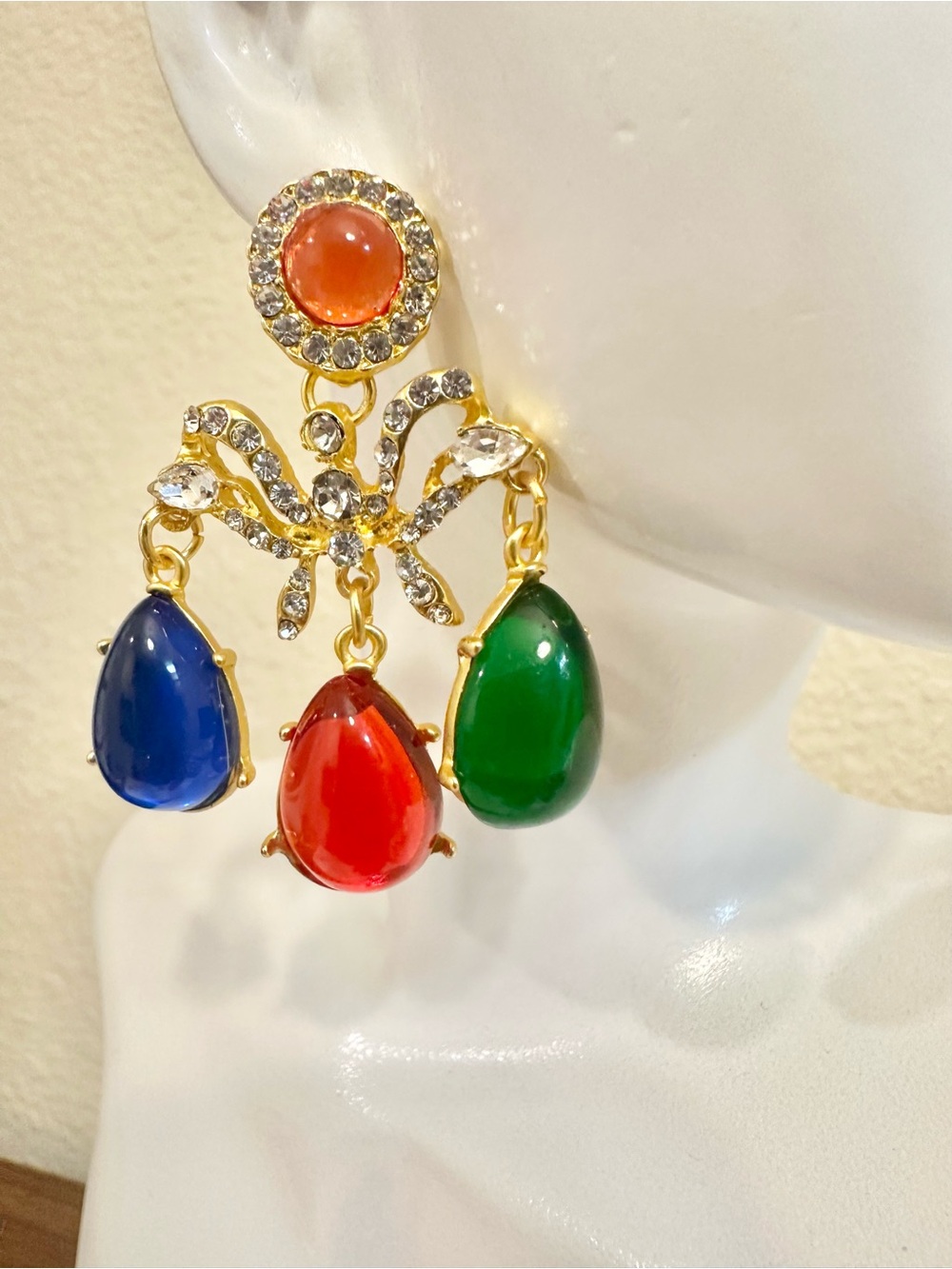 Gold Plated Multicolor Drop Statement Earrings - Blue, Red, Green - Picture 2 of 2
